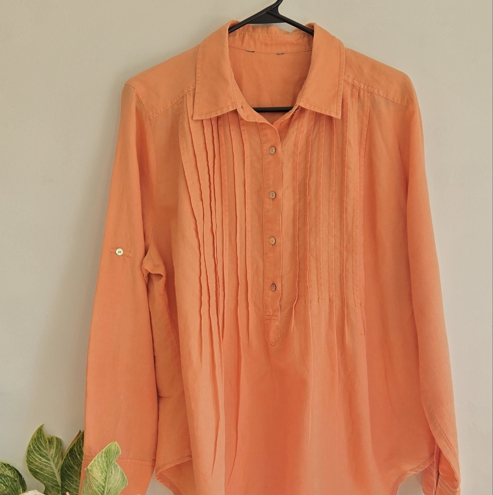Womens Peach Pleated Retro 70s Blouse